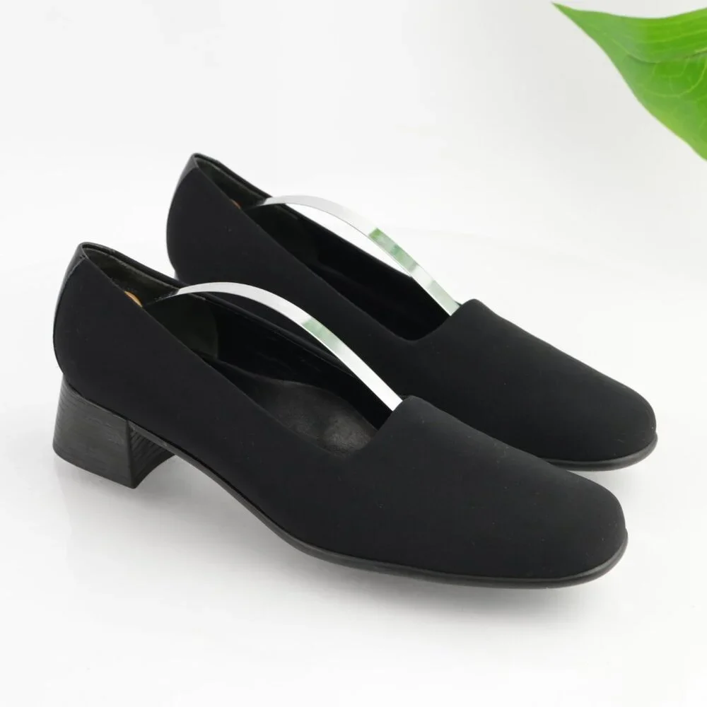 Munro Womens Jazz Loafer Pump Size 10 NARROW Black Satin Block Heel Slip On Shoe